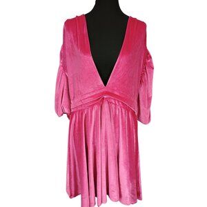 Plus Size Boohoo Velour Plunge Puff Sleeve Skater Dress Hot Pink size‎ 18